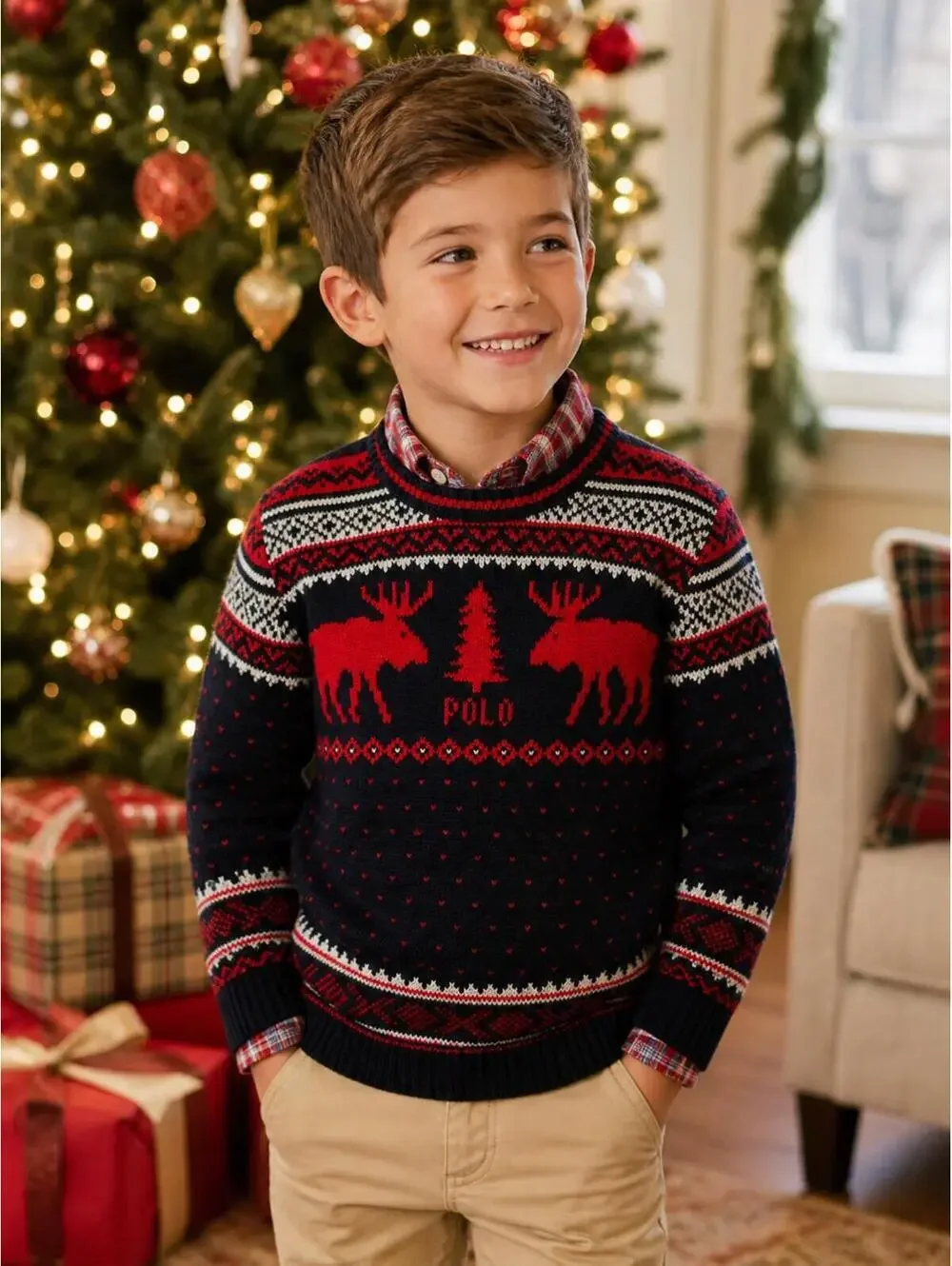 Polo Ralph Lauren Boys Sweater Moose Christmas Fair Isle Holiday Size 7